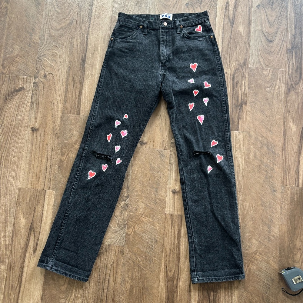 Washed Black Vintage Wrangler Jeans - Upcycled with Heart Decals - One-of-a-Kind